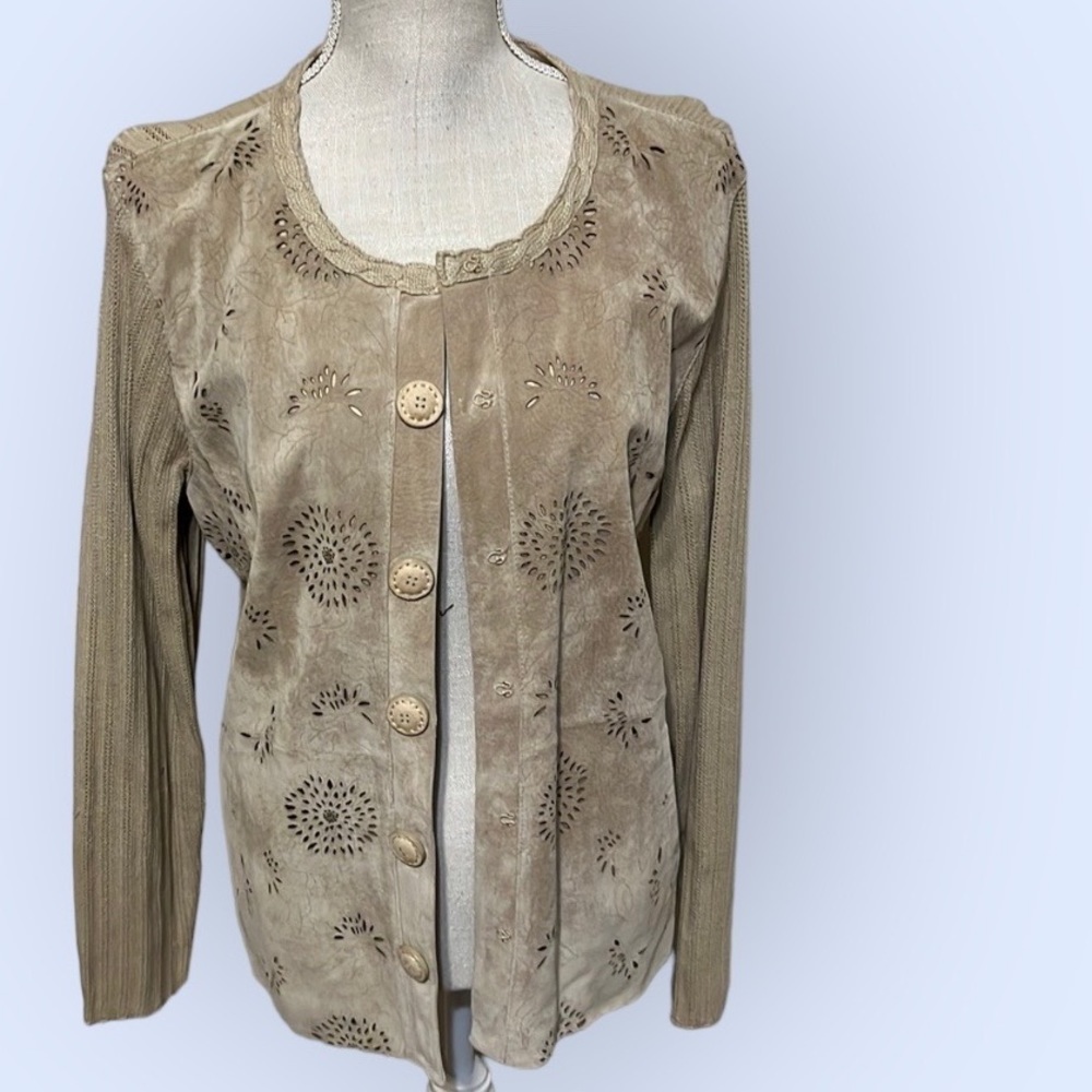 Sigrid Olsen faux suede sweater jacket , beige, sz lg